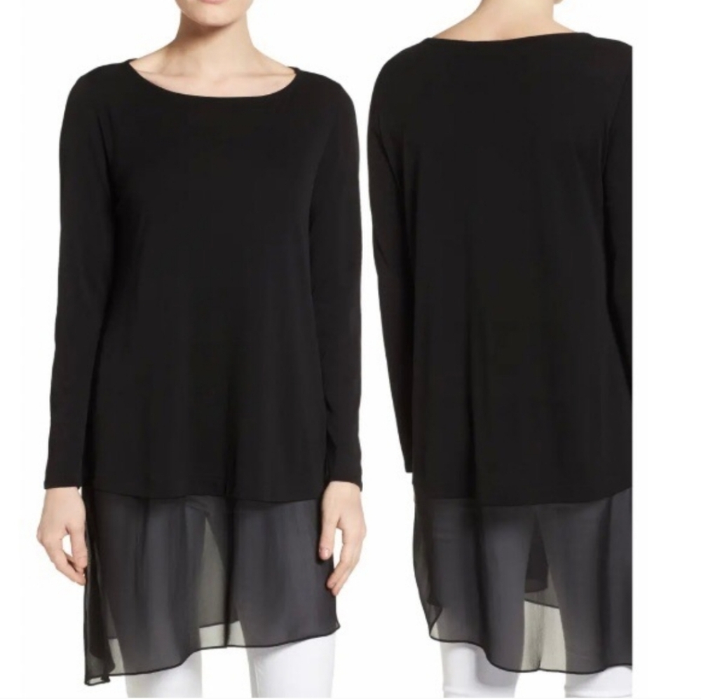 Eileen Fisher Woman 100% Silk Tunic Top Long Sleeve With Sheer Hem Black 2X - Picture 5 of 12